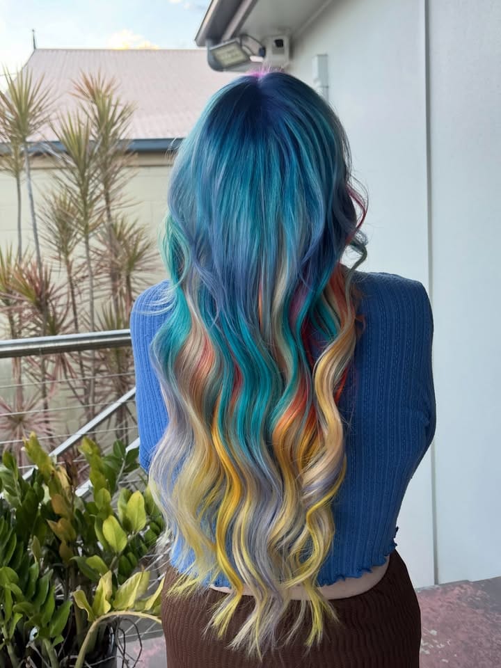 Multi-tone rainbow creative colour by Mia at La Mode Gympie