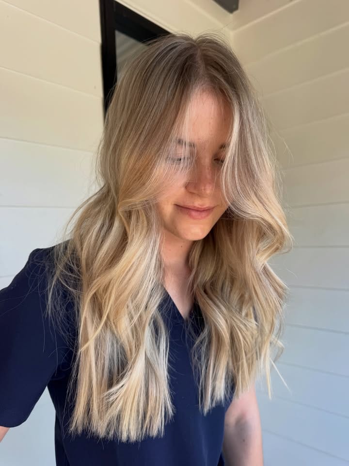 Soft contrast lived-in blonde styled smooth on Saachi at La Mode Gympie